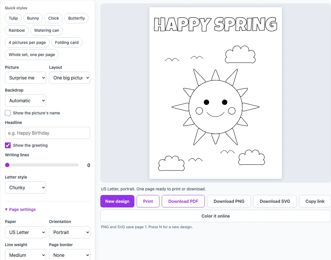 Spring printouts for coloring example